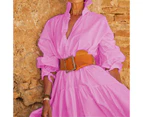 Women's Long Sleeve Midi Shirt Dress Elegant Button Down Loose Swing Party Dress-Pink