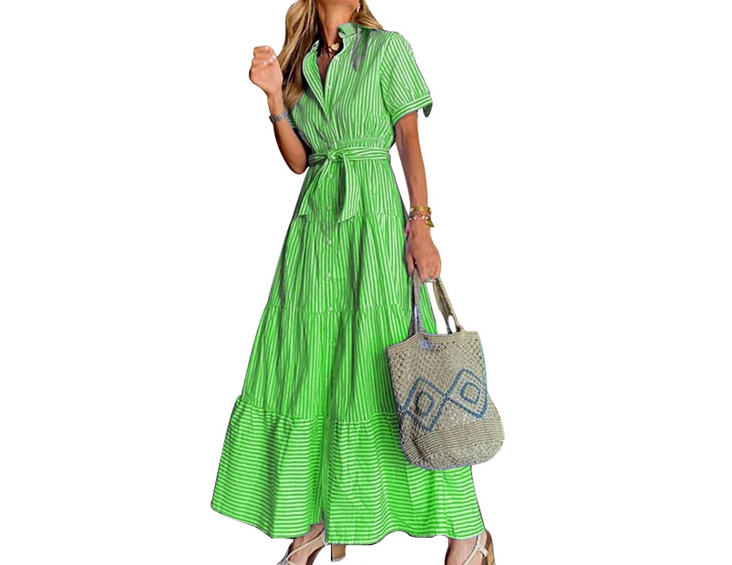 Women's Summer Button Down Shirt Dress Short Sleeve Tiered Ruffle Flowy Maxi Dresses-green