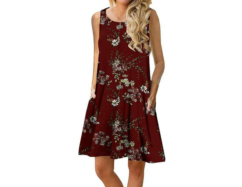 Women's Summer Sleeveless Casual Floral Print Midi Dress with Pocket-Wine red