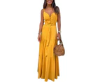 Women Sleeveless Maxi Dress Summer Spaghetti Ruffle Flowy Beach Long Dress-yellow