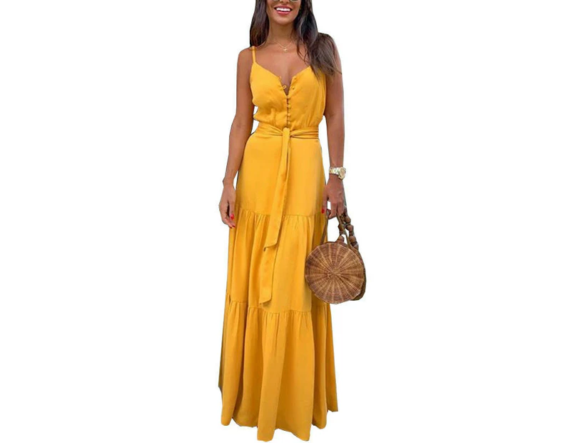 Women Sleeveless Maxi Dress Summer Spaghetti Ruffle Flowy Beach Long Dress-yellow