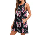 Women's Summer Sleeveless Casual Floral Print Midi Dress with Pocket-Wine red