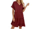 Women V Neck Dress Summer Short Sleeve Flowy Tiered A Line Dresses-Wine red