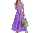 Women's Summer Button Down Shirt Dress Short Sleeve Tiered Ruffle Flowy Maxi Dresses-purple