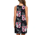 Women's Summer Sleeveless Casual Floral Print Midi Dress with Pocket-Rose black
