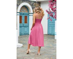 Women's Summer Maxi Dress Boho Sleeveless Spaghetti Strap Smocked Tiered Long Beach Dresses-Bright pink