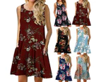 Women's Summer Sleeveless Casual Floral Print Midi Dress with Pocket-Rose black