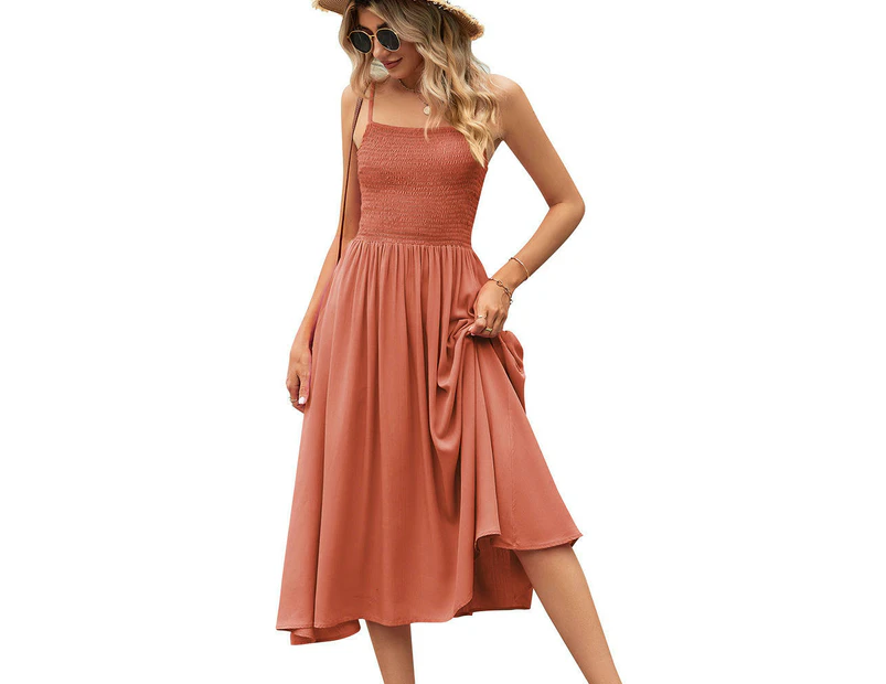 Women's Summer Maxi Dress Boho Sleeveless Spaghetti Strap Smocked Tiered Long Beach Dresses-orange