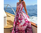 Women's Summer Maxi Dress Boho Sleeveless Spaghetti Strap Ruffle Tiered Long Beach Dresses-Rose red