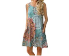 Women's Summer Sleeveless Casual Floral Print Midi Dress with Pocket-Sun Blue