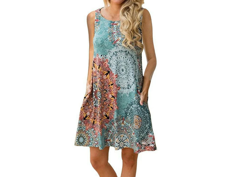 Women's Summer Sleeveless Casual Floral Print Midi Dress with Pocket-Sun Blue