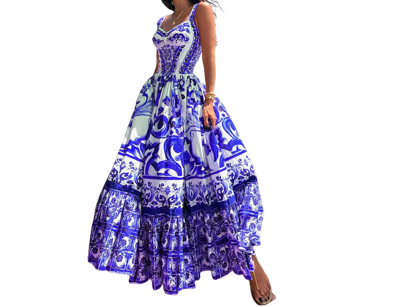 Women's Summer Maxi Dress Boho Sleeveless Spaghetti Strap Ruffle Tiered Long Beach Dresses-Treasure Blue