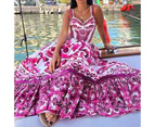 Women's Summer Maxi Dress Boho Sleeveless Spaghetti Strap Ruffle Tiered Long Beach Dresses-Rose red
