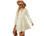 Women V Neck Dress Summer Long Sleeve Flowy Tiered A Line Dresses-Apricot color