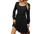 Women's Long Sleeve Dress Square Neck Knee Length Casual Dresses-black