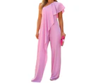 Women's Casual Sleeveless Off Shoulder Wide Leg Long Pant Jumpsuits-Pink