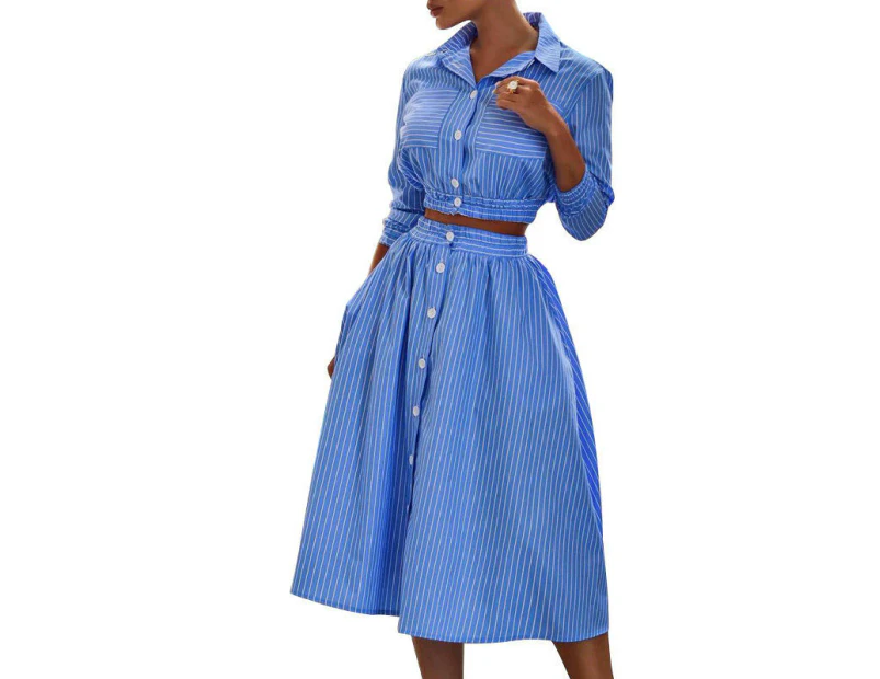 Women’s 2 Piece Outfit Sets Long Sleeve Shirt And Midi Skirt Set-blue