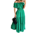 Women's Summer Off Shoulder Maxi Dress Short Sleeve Ruffle Tiered Flowy Long Dresses-green
