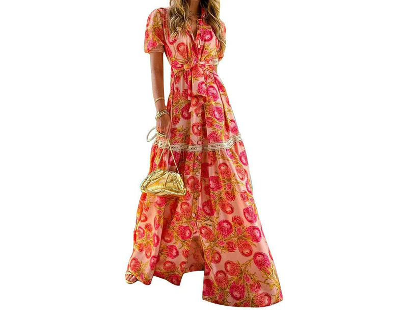 Women Boho Floral Maxi Dress Flowy V Neck Short Sleeve Beach Long Dress-red