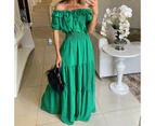 Women's Summer Off Shoulder Maxi Dress Short Sleeve Ruffle Tiered Flowy Long Dresses-green