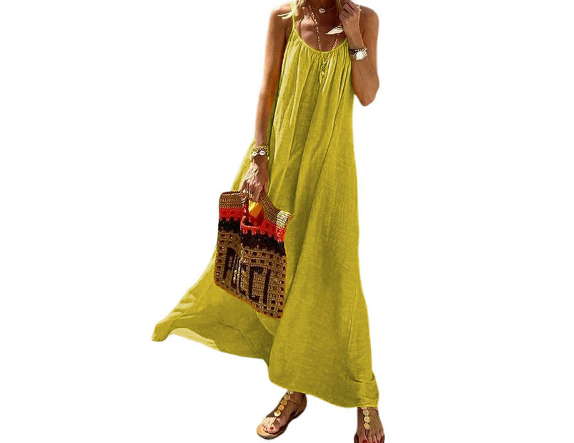 Women Sleeveless Maxi Dress Backless Spaghetti Ruffle Flowy Beach Long Dress-yellow