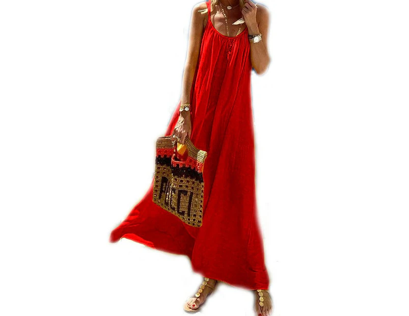 Women Sleeveless Maxi Dress Backless Spaghetti Ruffle Flowy Beach Long Dress-red