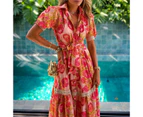 Women Boho Floral Maxi Dress Flowy V Neck Short Sleeve Beach Long Dress-red