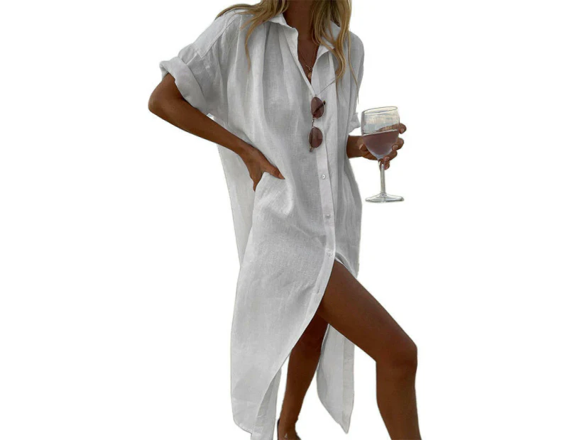 Linen Dress for Women Long Sleeve Casual Button Down Loose Maxi Dress-white