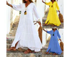Women's V Neck Solid Color Long Sleeve Cotton Linen Maxi Dress -blue
