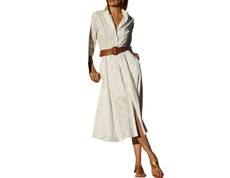 Women's Long Sleeve Button Down Shirt Dress Casual Loose Tie Waist Midi Dresses-white