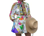 Women's Boho Print Long Sleeve Top High Waist Shorts Sets 2 Piece Outfits Set-Multicolor
