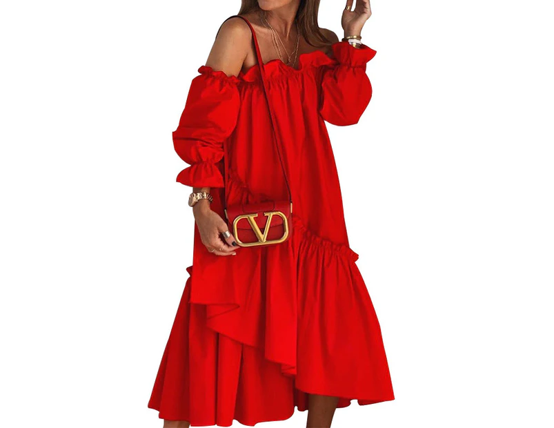 Women's Off Shoulder Dress Short Sleeve Summer Ruffle Midi Dress-red
