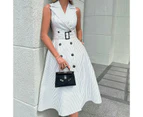 Women Dresses Double Breasted Button Slim Sleeveless Dress-white