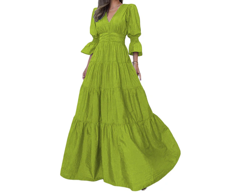 Women Short Sleeve V Neck Dress Ruffle Tiered Flowy Maxi Dresses-Grass green