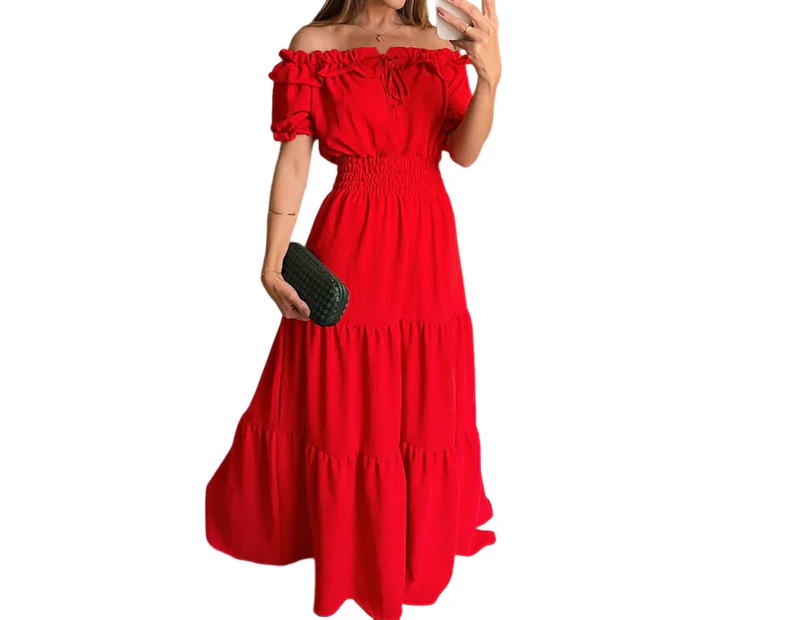 Women's Summer Off Shoulder Maxi Dress Short Sleeve Ruffle Tiered Flowy Long Dresses-red