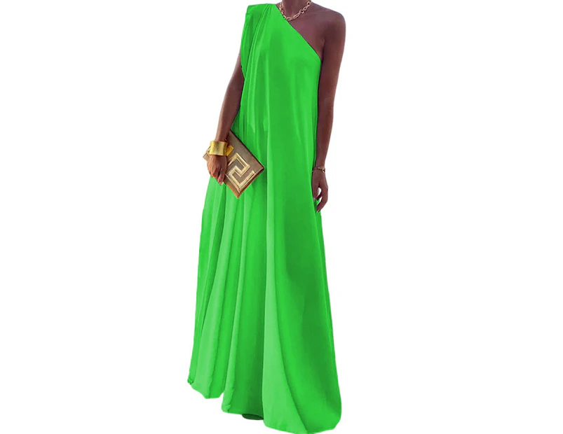 Women's Summer One Shoulder Sleeveless Solid Color Beach Party Midi Dress-green