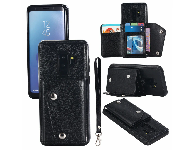 Case For Samsung Galaxy S9+ Plus, Retro PU Leather Wallet Case With Card Pockets Back Flip Shockproof Cover Case-Black