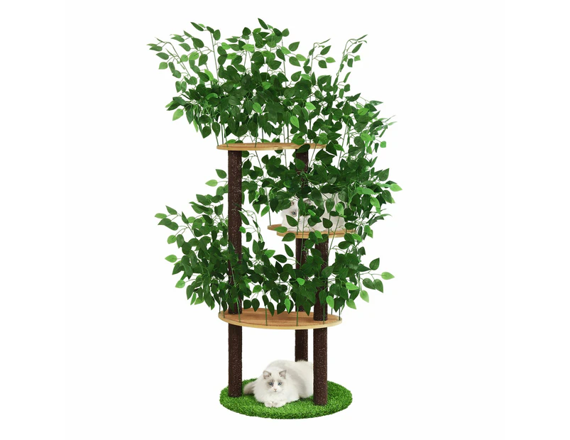 150cm Cat Tree Tower Kitten Scratching Post Play House Stand Activity Centre Scratcher Furniture Climbing Frame Platform Artificial Grass Leaves