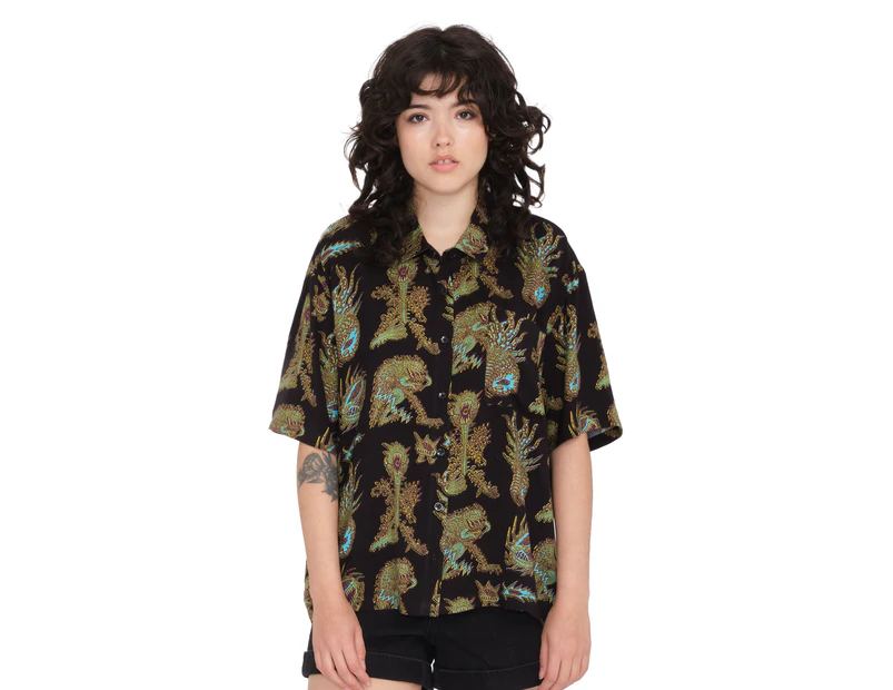 Volcom Women's Featured Artist Tetsunori Woven Short Sleeve Shirt - Black