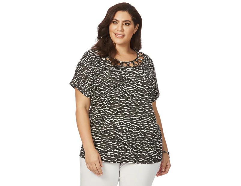 BeMe - Plus Size - Womens Tops -  Cap Sleeve Round Cut Out Animal Top - Multi