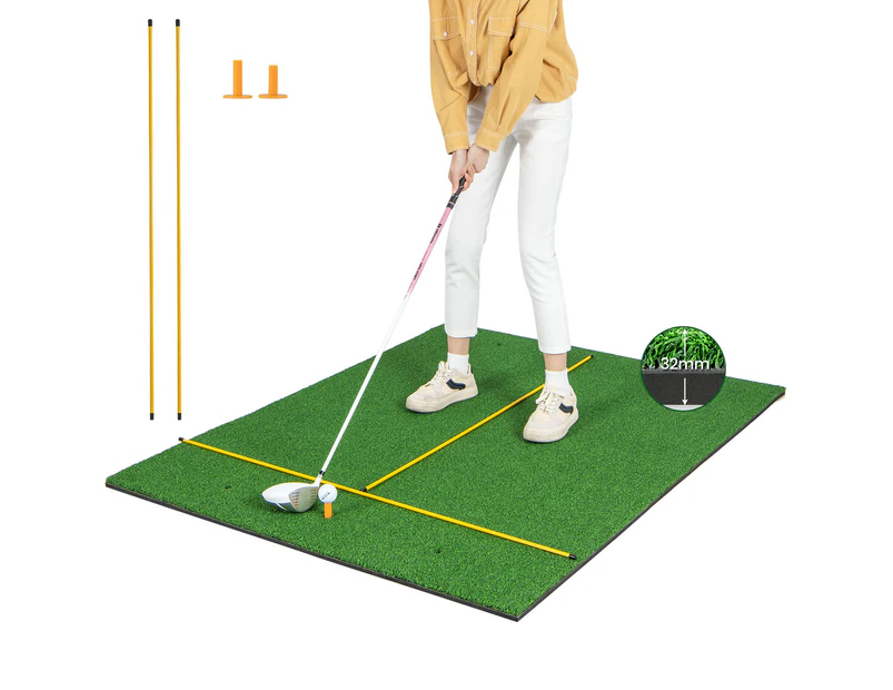 Costway Golf Hitting Mat 1.2×1.5m Golf Practice Turf Pad w/2 Rubber Tees & Alignment Sticks Indoor Outdoor Golf Training Aid Green