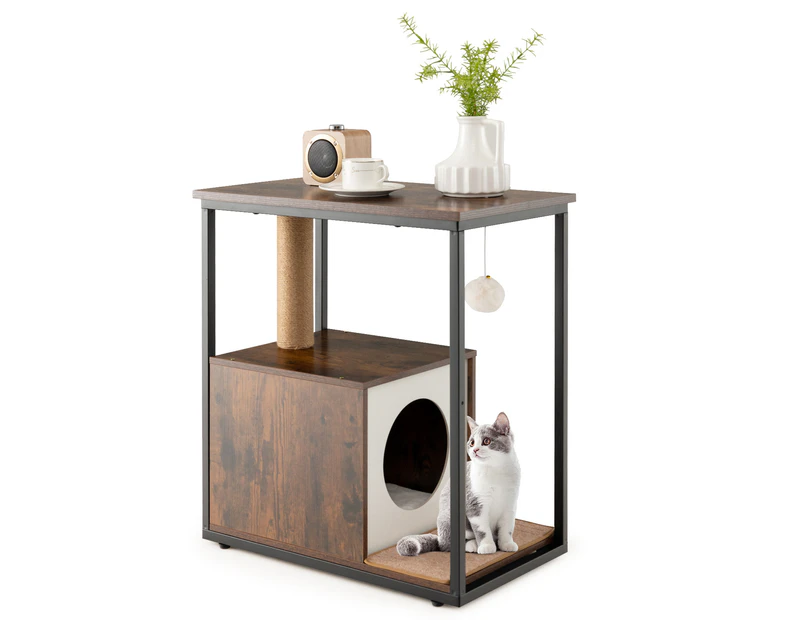 Costway Cat Condo House Industrial End Side Table w/Scratching Post Modern Cat Furniture, Brown