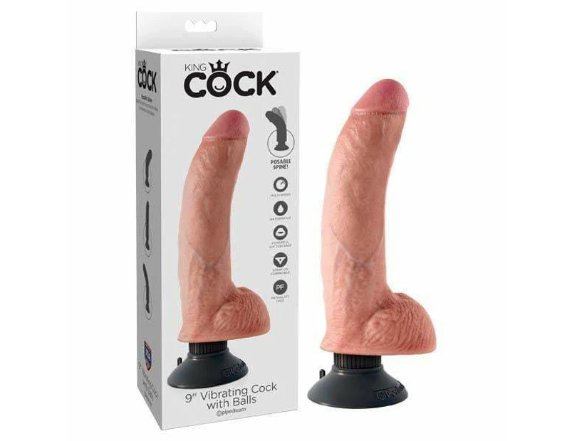 King Cock 9'' Vibrating Cock With Balls - Flesh Realistic Dong
