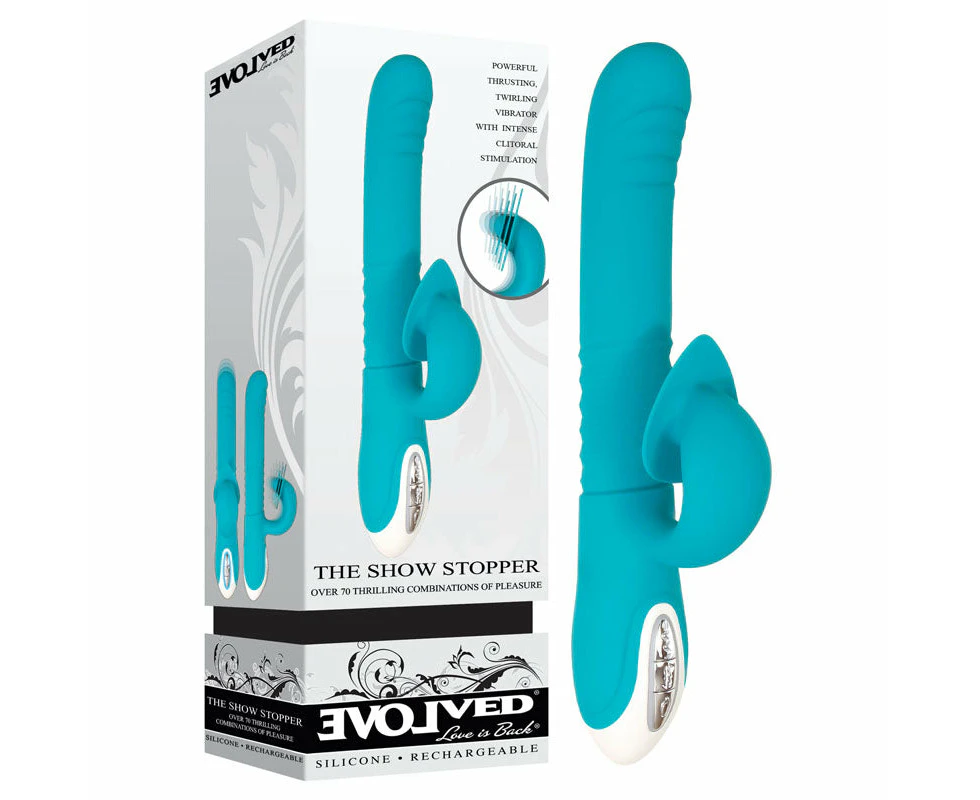 Evolved The Show Stopper Rechargeable Thrusting Rabbit Vibrator Teal