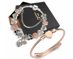 Pandora Inspired Full Beaded Charm Bracelet With Rose Gold Stretched Spiral Coil Bangle Set