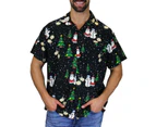 Men's Christmas Button Short Sleeve Shirt - Black Santa Tree - Black Santa Tree