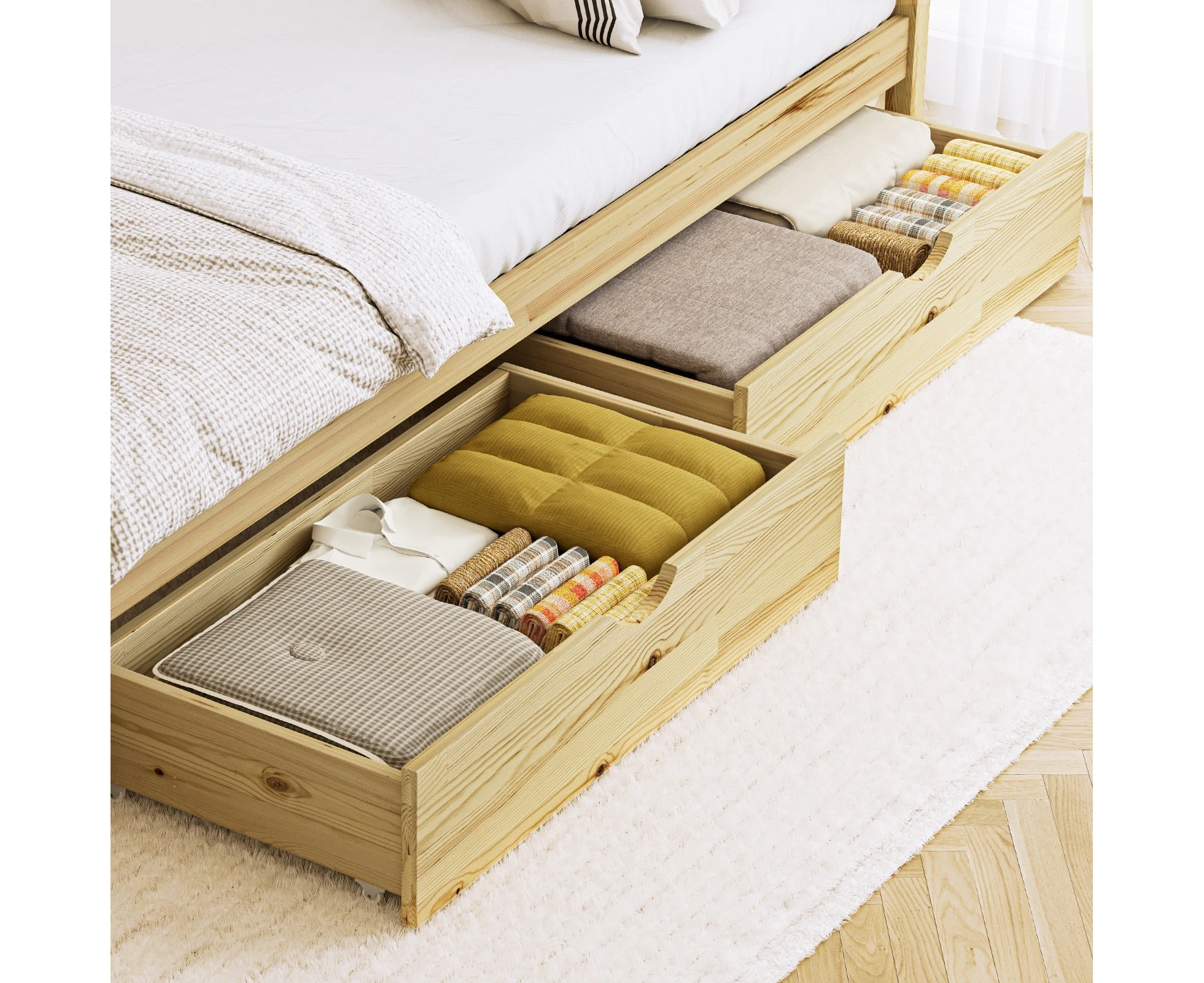 Oikiture 2x Bed Frame Storage Drawers Trundle Wooden