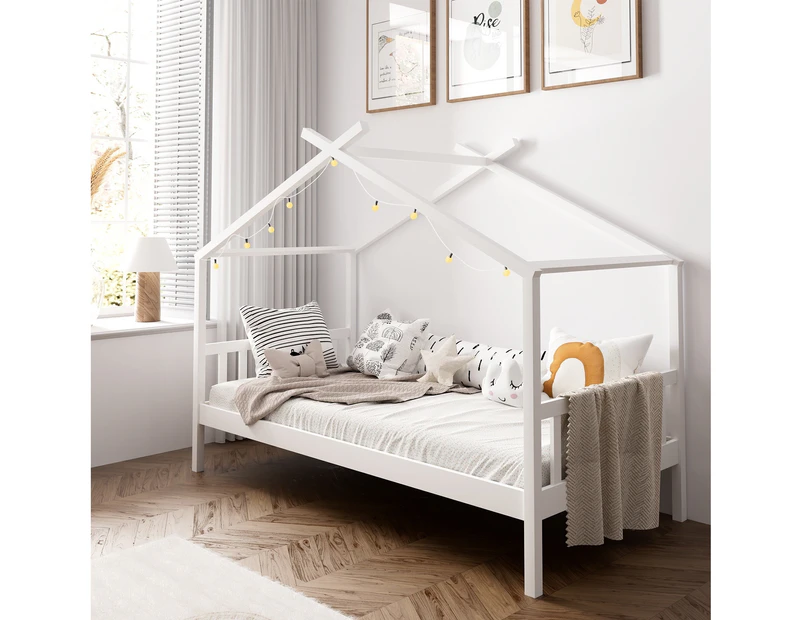 Oikiture Bed Frame Wooden Kids House Frame White TOMI