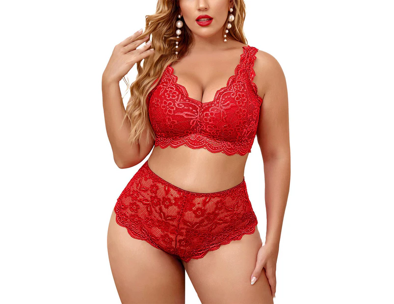 Ladies Sexy Underwear Tease Open Crotch Slightly Fat Glamour Perspective Pajama Set - Red