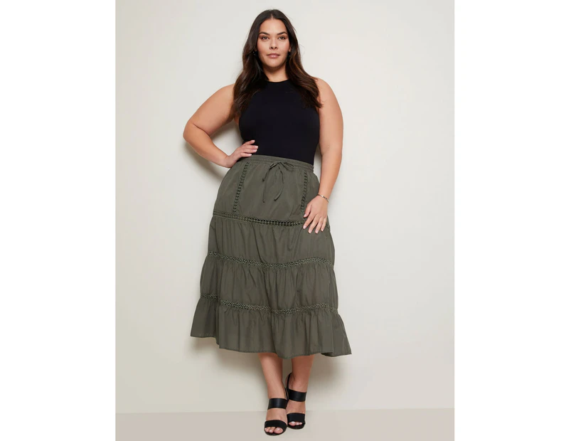 AUTOGRAPH - Plus Size - Womens Skirts - Midi - Summer - Green - Cotton - A Line - Khaki - Oversized - Woven - Lace Trim - Knee Length - Work Clothes - Grey